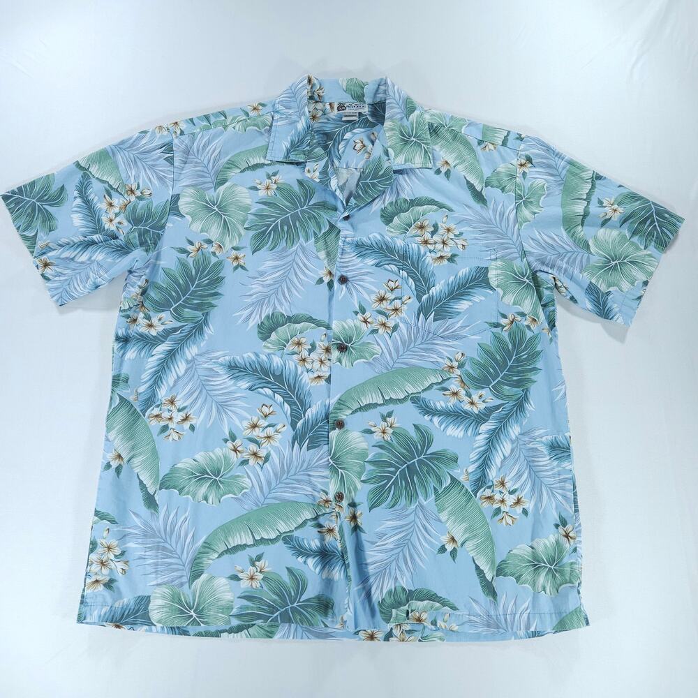 Aloha Republic Hawaiian Shirt Men XL Blue Tropical Leaf Plumeria Made in Hawaii